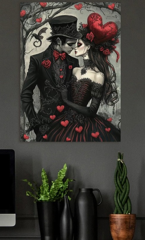Gothic Romance Dark Hearts Embrace — metal poster wall art by Lineer